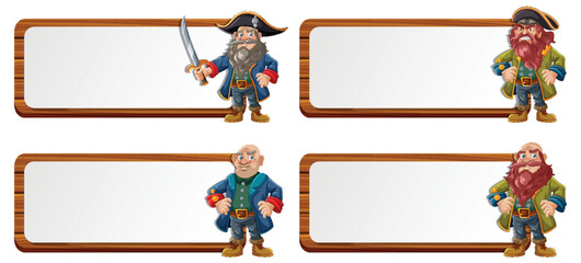 Four cartoon pirates presenting empty label banners