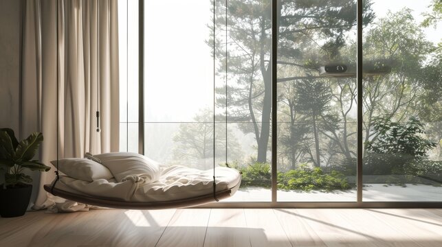 Cozy Minimalist Bedroom with Floor-to-Ceiling Window and Hanging Swing Chair