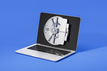 Laptop computer display and bank vault on blue background - obrazy, fototapety, plakaty