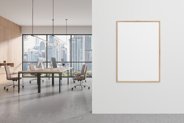 Panoramic white open space office interior with poster
