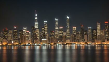 skyline at night with Huangpu river and skyscrapers