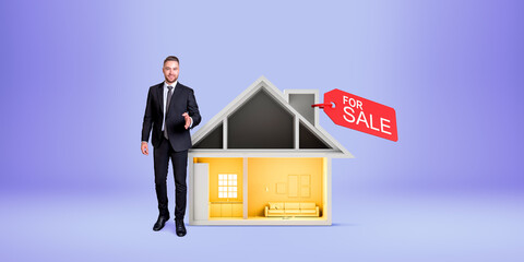 Man realtor handshake, cartoon house with a tag for sale