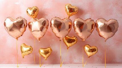 A bunch of metallic balloons in the shape of hearts against a pink background.