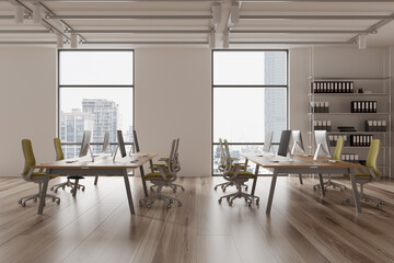 Stylish coworking interior with desk and shelf, workplace near panoramic window