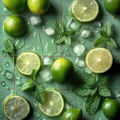 Lime slices, mint leaves and ice cubes