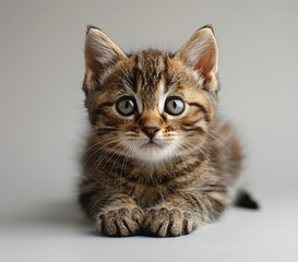 Fototapeta premium face photo of baby cat facing towards the camera with smiling eyes on a white background, waggy tail