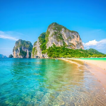 Beautiful crystal clear turquoise blue sea at Ko Poda Island, Ao Phra Nang bay, Krabi, Thailand