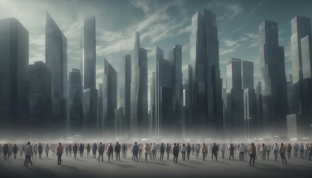 Crowd of people walking in front of skyscrapers, 3d render