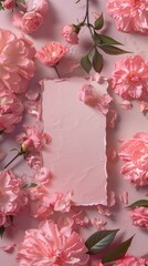 a photo of a baby pink sheet of paper centered on the screen surrounded by pink camelias.