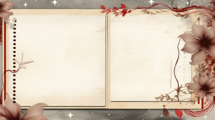 A scrapbook composition featuring notes paper, decorative tapes, floral elements, and a photo frame, creating a page with a winter-themed style