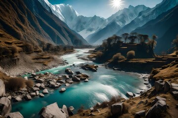 Himalayas mountains river valley panorama in Annapurna range, Nepal