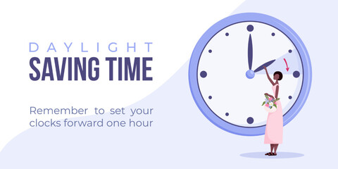 Daylight saving time begins concept. Spring forward banner, poster. Vector illustration with african american woman turning clock hour ahead, woman with flowers in bag.