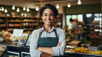 A smiling young female stood in front of the counter with her arms crossed, a supermarket worker, looking at the camera.