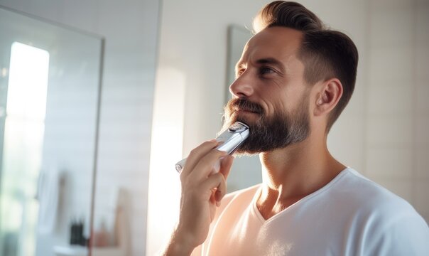 a man shaves his beard with a shaving machine