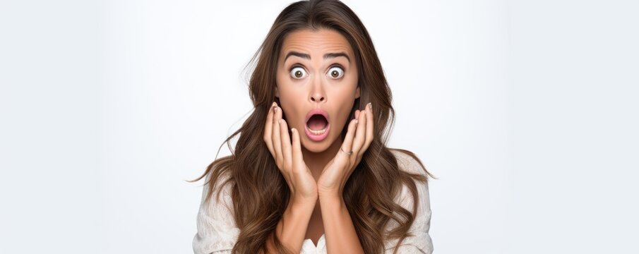 Close-up photo of young pretty surprised woman with opened mouth. Surprised expression concept