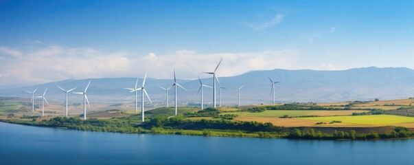 Wind turbines in beautiful landscape, production of clean and renewable energy, renewable and green energy concept - obrazy, fototapety, plakaty