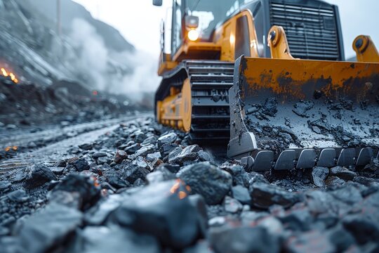Cose up virew of a excavator digging soil on construction site
