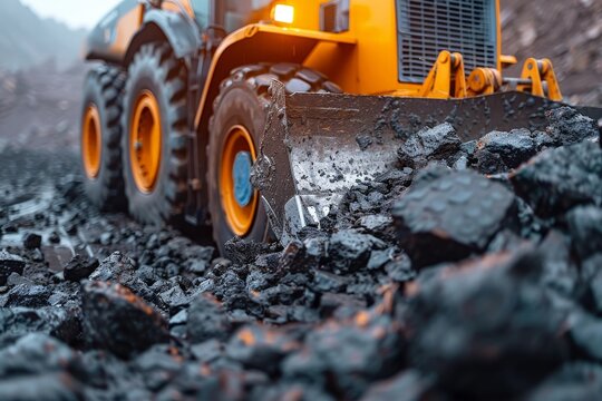 Excavator earthmoving at coal open pit recycling and coal mining industry
