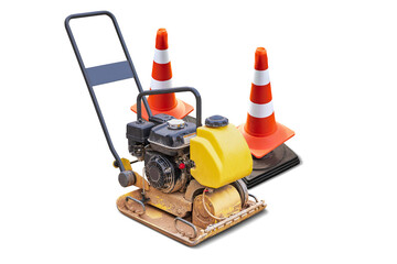 A small road compaction plate, used for soil compaction in construction projects. efficient for smaller areas that require flattening and smoothing. Isolated