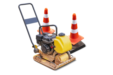 A small road compaction plate, used for soil compaction in construction projects. efficient for smaller areas that require flattening and smoothing. Isolated
