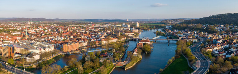 Fototapeta na wymiar Aerial view of Hameln and the river Weser in Germany