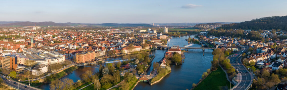 Aerial view of Hameln and the river Weser in Germany