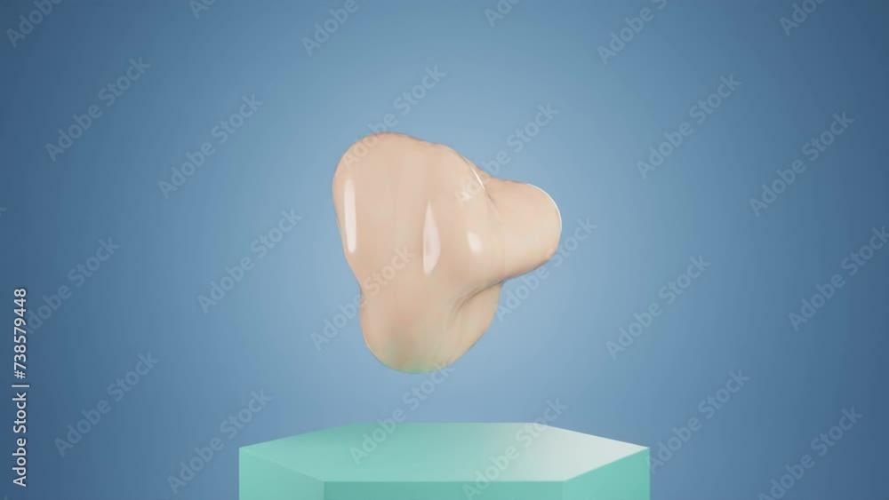 Poster modern geometric design: abstract 3d animation of liquid form floating above hexagonal podium