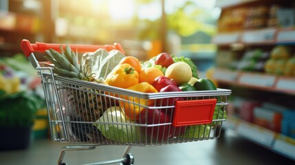 Supermarket aisle Shopping cart full of fresh groceries.