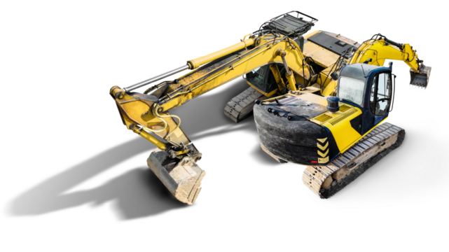 A powerful yellow excavators is shown against a clean white background. This construction equipment is commonly used for excavation work. Isolated