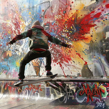 Skateboarding graffiti celebrate street art in urban landscapes