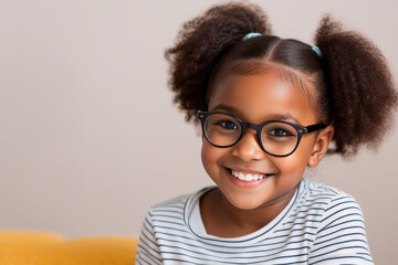 Smiling cute little african american girl wearing glasses looking at camera. Portrait of happy female child on a gray background - obrazy, fototapety, plakaty
