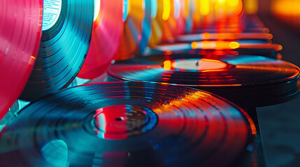 Retro fashion meets vibrant colors in a neon lit vinyl dance