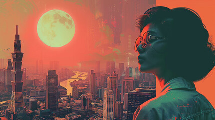 Retro futurism cyberpunk aesthetics fuse in a pop art collage