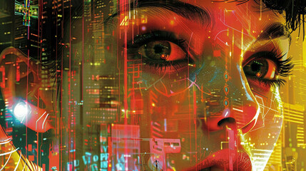 Retro futurism cyberpunk aesthetics fuse in a pop art collage