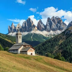 Fototapeta na wymiar Dolomites mountain, Italy. View of the small church of St. John in Ranui.
