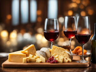 Assortment of cheese with fruits, grapes, nuts, glass with wine and cheese knife on a wooden serving tray.