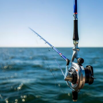 fishing rod and spinning reel and sea water background