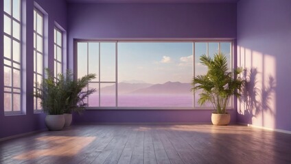 Abstract lavender color gradient studio background for product presentation. Empty room with shadows of window and flowers and palm leaves. 3D room with copy space. Summer concert. Blurred backdrop. 