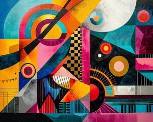 Pop concert vibrancy surrealism art collide in abstract geometrics