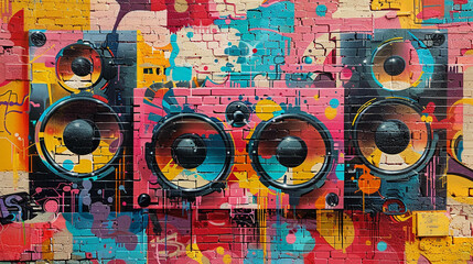 Music streaming icons embedded in surrealism art graffiti walls