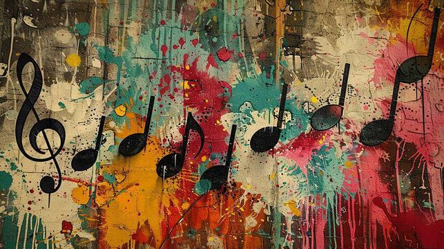 Music streaming icons embedded in surrealism art graffiti walls