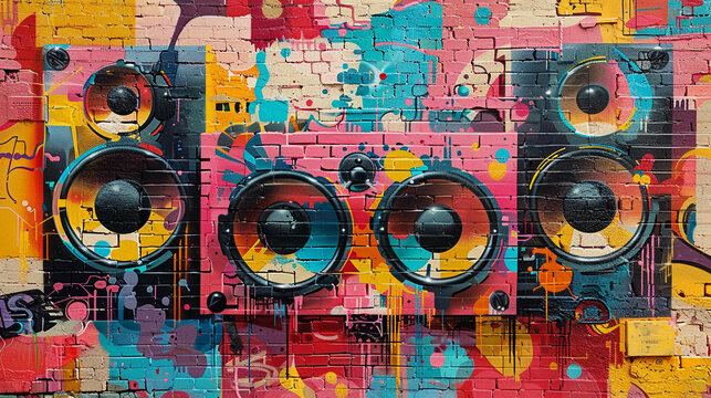 Music streaming icons embedded in surrealism art graffiti walls