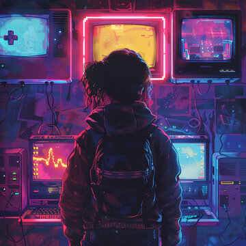 Neon silhouettes gaming graphics electrify pop nostalgia nights