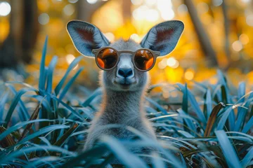Schilderijen op glas adorable kangaroo with sunglasses © 23_stockphotography