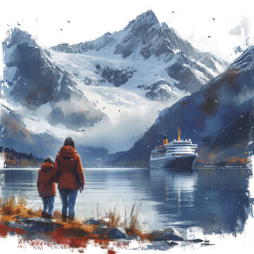 A Mother And Child Embracing In Front Of An Alaska, Isolate Images White Background        