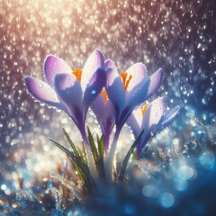 Spring flowers of blue crocuses in blurred rainfall backdrop
