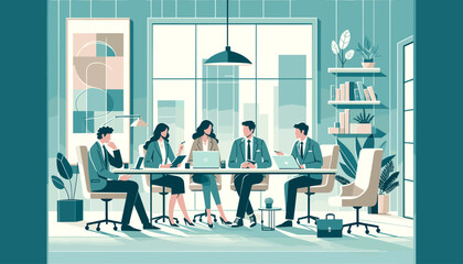 Conceptual vector illustration of a meeting scene at a company.	