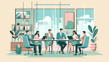 Conceptual vector illustration of a meeting scene at a company.	