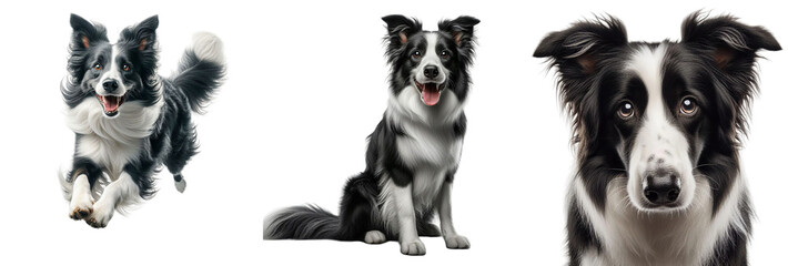 Cutout set of Border Collie Dog, Running, Happy, Sad Isolated on Transparent or white background PNG, Detailed, Clipart, Printable quality