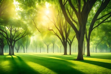 Beautiful morning light in public park with green grass field and green fresh tree plant perspective to copy space for multipurpose